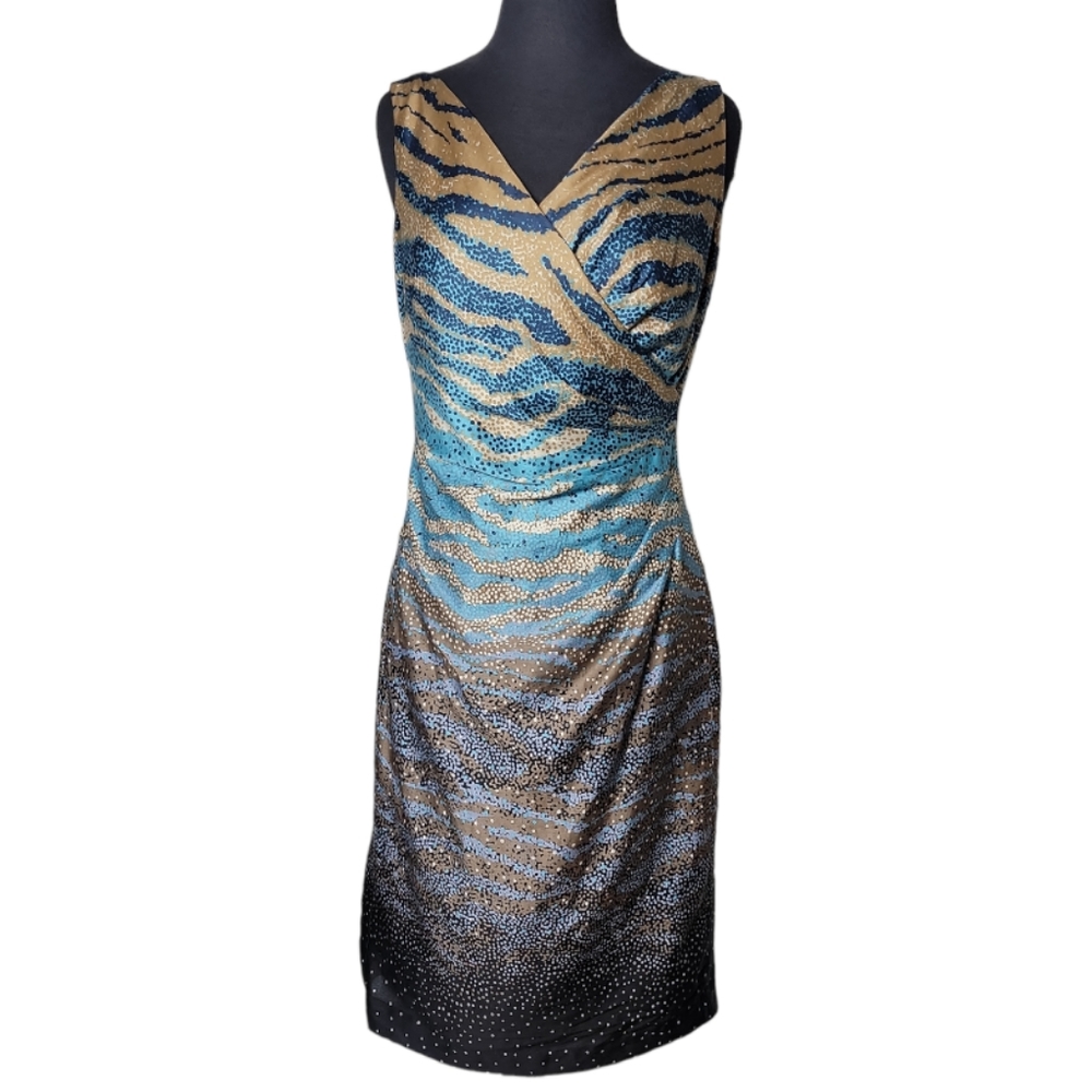 Anne Klein ruched women's size 6 sheath dress v neck sleeveless animal print